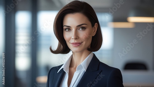 confident businesswoman warm smile. She stands by a window with a soft city skyline in the background, exuding professionalism. 