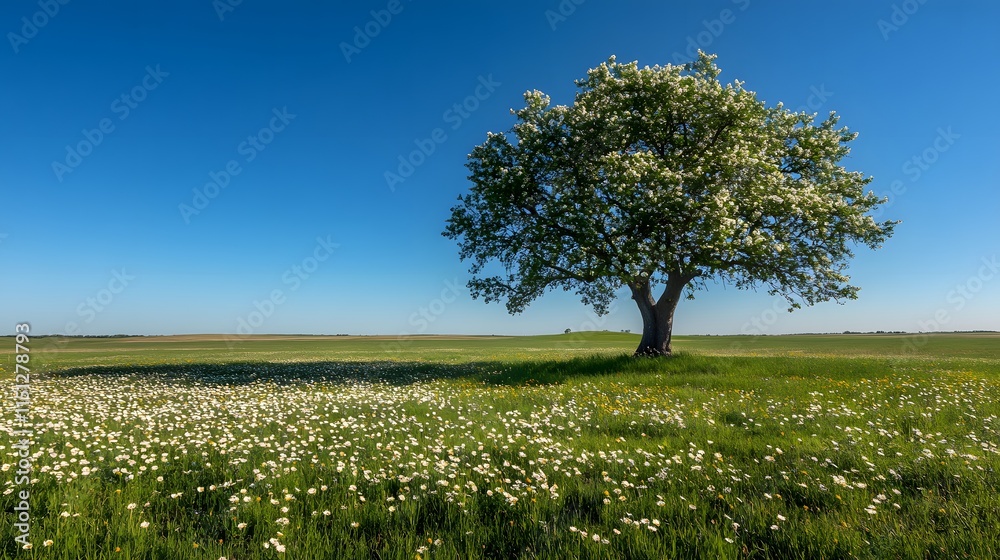 Fototapeta premium Lone tree stands tall in a vibrant green meadow under a clear blue sky.