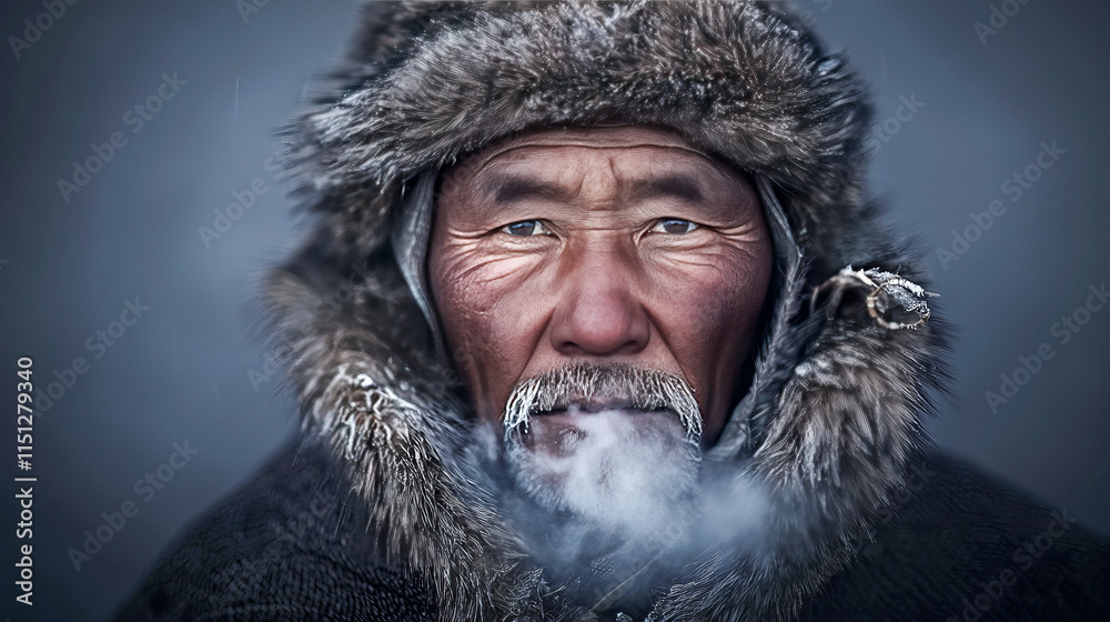 Elderly asian male in fur coat exhaling smoke in a winter landscape Elderly asian male in fur coat exhaling smoke in a winter landscape
