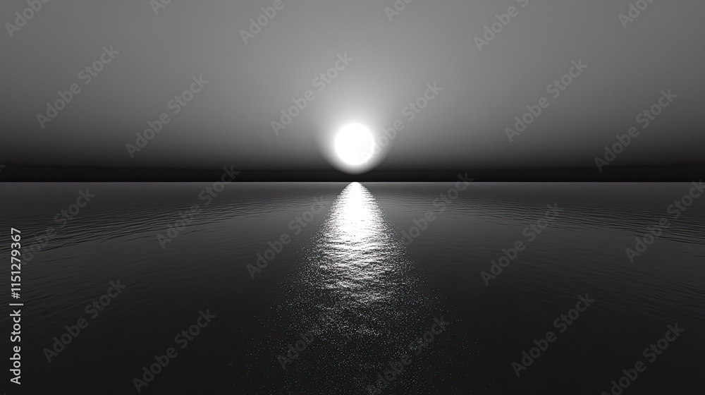 Serene Black and White Sunset Over Calm Water with Reflection Serene Black and White Sunset Over Calm Water with Reflection