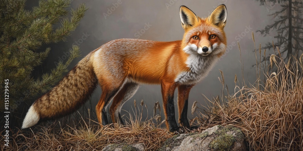 Fototapeta premium Full length portrait of a striking red fox in a natural setting. This beautiful wild fox displays a smart demeanor, showcasing the grace of woodland inhabitants with its captivating gaze.