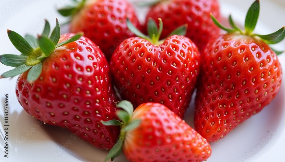 Close-up of fresh strawberries arranged in heart shape on white plate with vibrant red hues and water droplets Close-up of fresh strawberries arranged in heart shape on white plate with vibrant red hues and water droplets