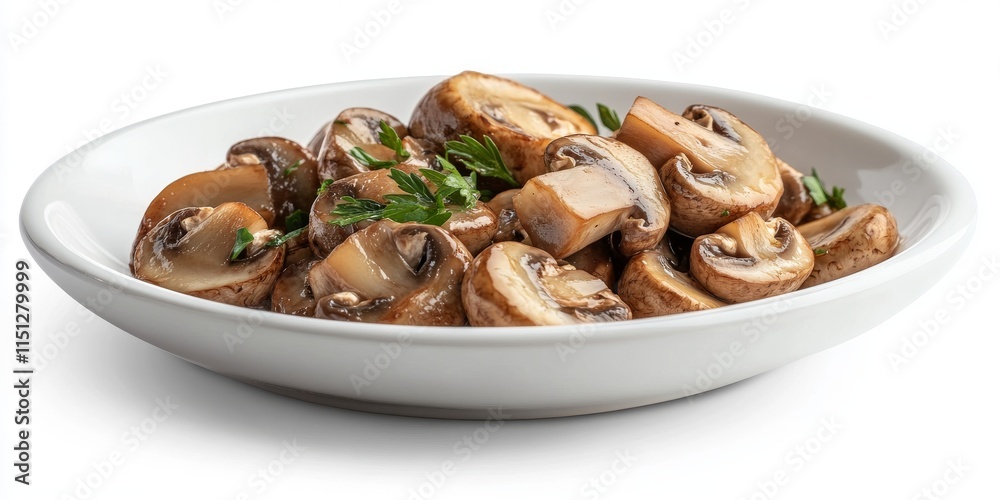 Marinated mushrooms displayed in a white saucer, beautifully isolated on a white background, highlighting the delightful presentation of marinated mushrooms that enhances any culinary experience. Marinated mushrooms displayed in a white saucer, beautifully isolated on a white background, highlighting the delightful presentation of marinated mushrooms that enhances any culinary experience.