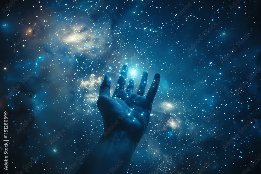 Hand reaching for stars in cosmic expanse. Hand reaching for stars in cosmic expanse.