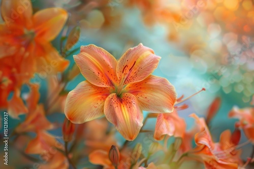 Orange lily flowers blooming in a garden with soft pastel colors and bokeh effect