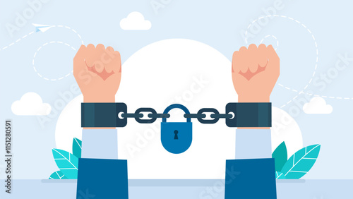 Closed jail cuffs. Cartoon handcuffs. Chained, handcuffed hands. Crime symbol. Metal handcuffs on hands for criminal cases such as fraud and other crimes. Clenched Fists. Vector Illustration.