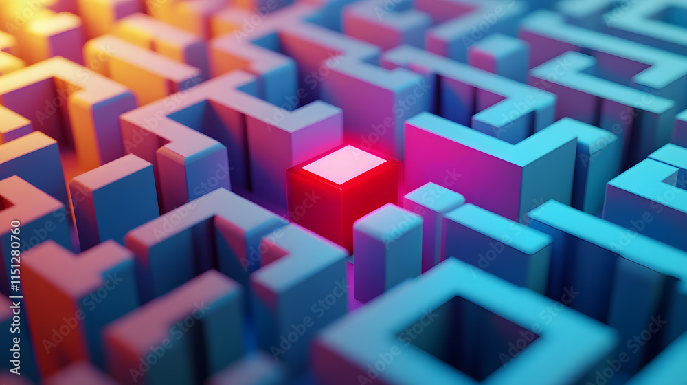 Colorful 3D maze with vibrant lighting and a distinct red cube at the center of the intricate structure Colorful 3D maze with vibrant lighting and a distinct red cube at the center of the intricate structure