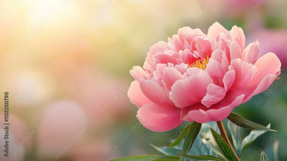 Fototapeta premium Delicate blooming pink peony thrives in a vibrant garden during springtime. This stunning pink peony embodies the essence of spring and summer, making it a perfect nature concept with ample copy