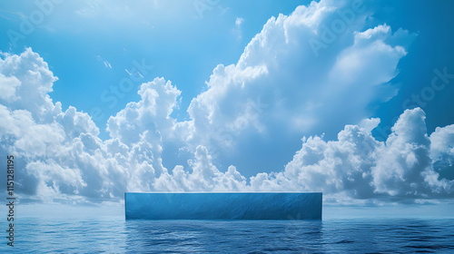 Majestic blue structure floating on calm ocean waters under bright clouds in clear sky