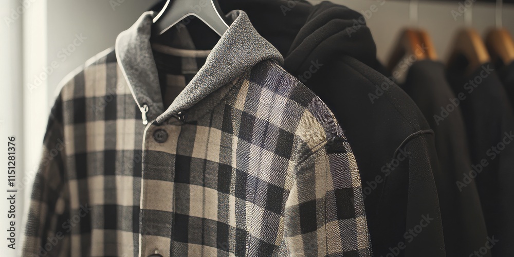 Checkered shirt styled with a sweater and a jacket, paired with a black hoodie and pants hanging. This checkered shirt showcases a versatile look for various occasions. Checkered shirt styled with a sweater and a jacket, paired with a black hoodie and pants hanging. This checkered shirt showcases a versatile look for various occasions.