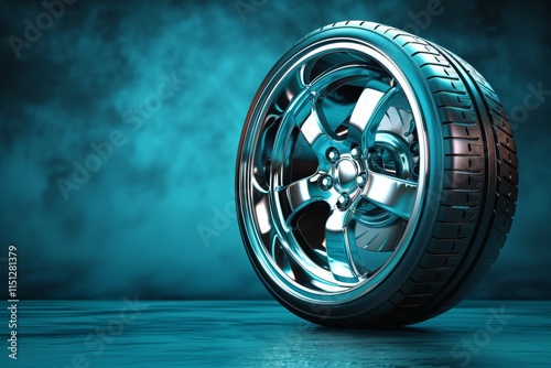 3d visualization of a contemporary car wheel with chrome rim against a rich blue studio background photo