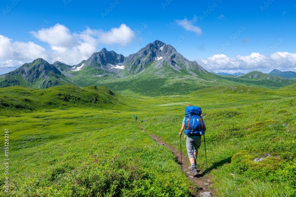The essence of a summer adventure, a hiker with a backpack, hiking through verdant mountains. The essence of a summer adventure, a hiker with a backpack, hiking through verdant mountains.