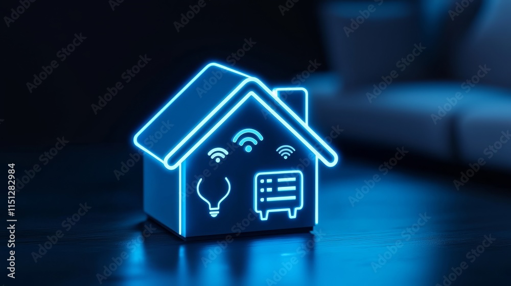 Effortless blending of smart home interiors with connected devices and floating blue digital icons for tech-savvy lifestyles.