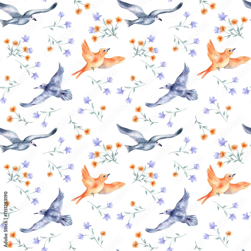 Fototapeta premium Watercolor seamless pattern birds and flowers isolated. Botanical repeated texture with flying birds in blue orange colors hand drawn. Colorful birds and simple blooms design pattern for textile.