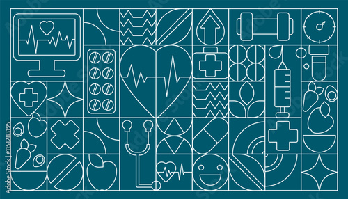 Medical Line Art Seamless Pattern: White Lines on Blue with Symbols of Heart Health