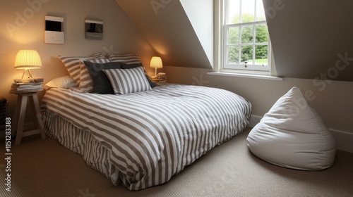 Cozy attic bedroom with striped bedding, lamps, and beanbag chair.