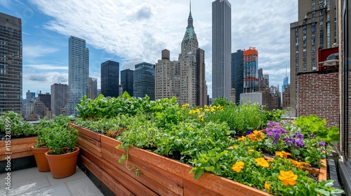 A thriving city rooftop garden yields fresh vegetables such as tomatoes and kale, promoting urban agriculture and sustainability. photo