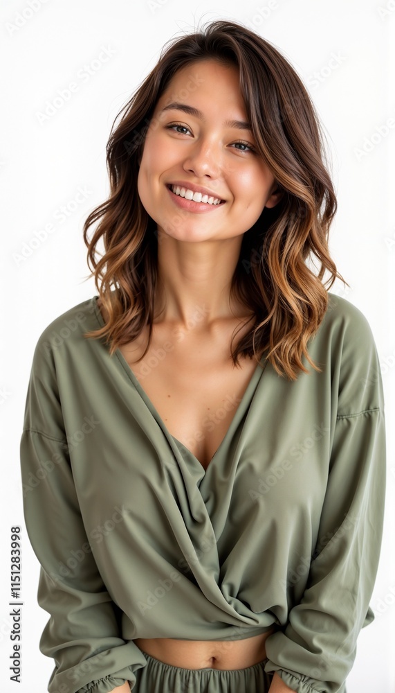 Smiling Asian woman in casual olive wrap top against white background Smiling Asian woman in casual olive wrap top against white background