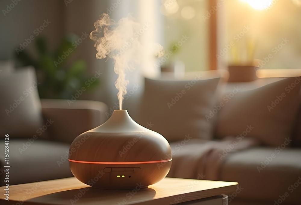Modern aroma lamp on table against blurred background with space for text
Modern aroma lamp on table against blurred background with space for text