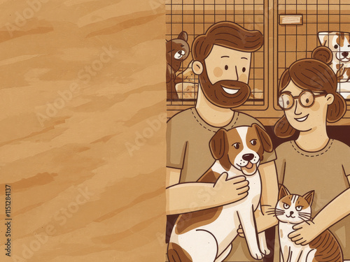 Wallpaper Mural Drawn animal shelter scene with couple adopting a dog and cat Torontodigital.ca