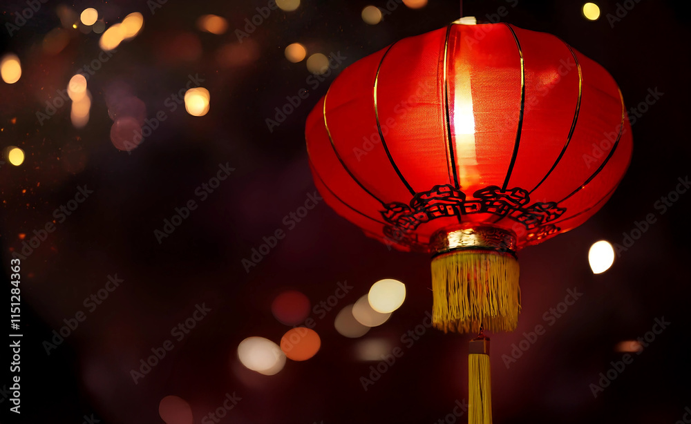 Obraz premium Chinese red lanterns on the night of the happy Chinese New Year decorate the streets.