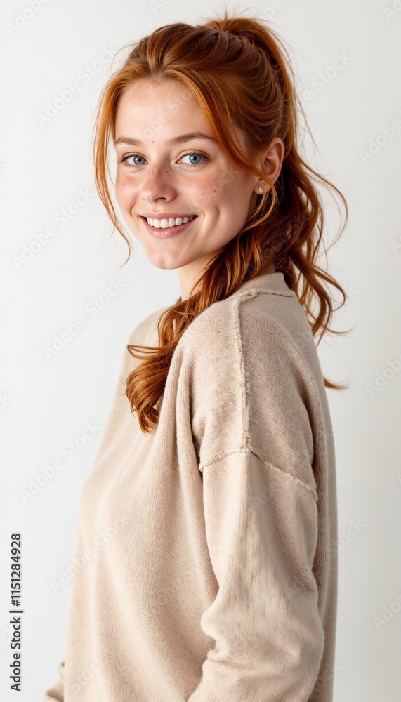 Cheerful redhead woman in beige comfortable sweater against white background Cheerful redhead woman in beige comfortable sweater against white background