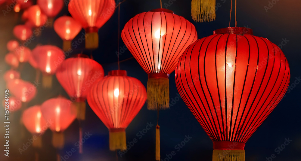 Obraz premium Chinese red lanterns on the night of the happy Chinese New Year decorate the streets.