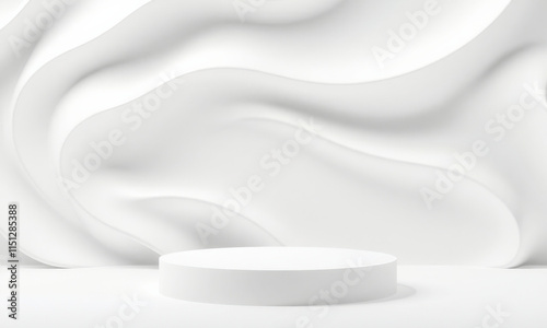 white podium stands against backdrop of smooth, flowing curves, creating minimalist and elegant scene. soft shadows and gentle waves add depth and texture to composition