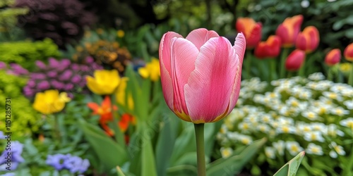 A vibrant pink tulip showcases its beauty in the garden, standing out amongst other blooms. This stunning pink tulip adds a charming touch to the garden s floral display. photo