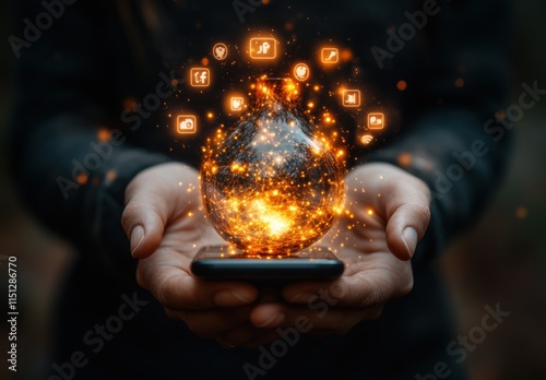 Individuals holding a glowing orb filled with digital icons above a smartphone in a dimly lit environment