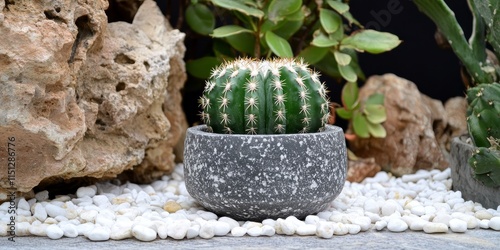 Green cactus plant in a grey clay pot surrounded by white pebbles, showcasing the beauty of nature with fresh greenery in a serene setup. The green cactus adds a touch of nature s charm. photo