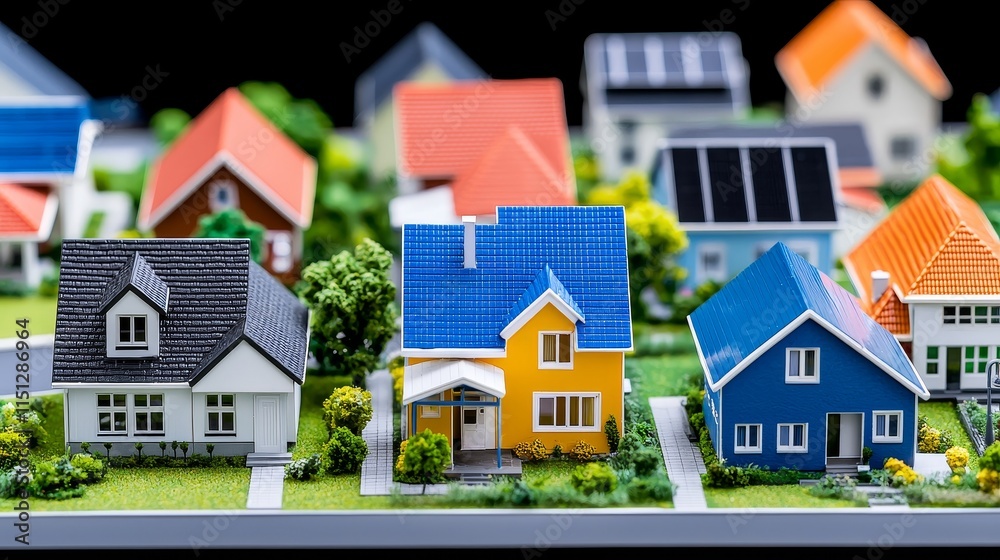 A bird's-eye view of a residential area with solar panels installed on the roofs. A bird's-eye view of a residential area with solar panels installed on the roofs.
