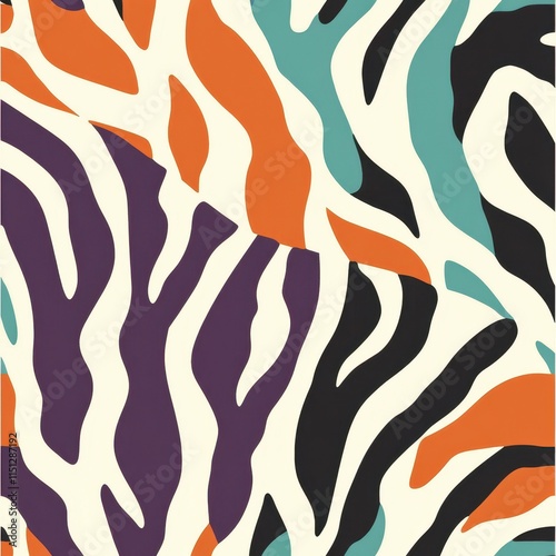 A bold animal print pattern featuring zebra, leopard, and tiger stripes in unconventional colors like teal, purple, and coral, layered for a dynamic and trendy look.  photo