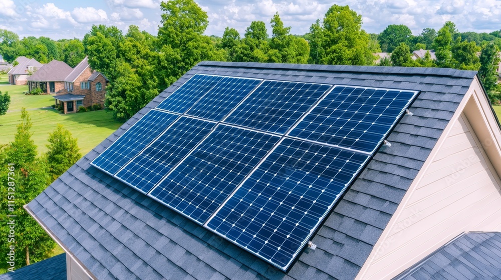 As the sun sets, eco-friendly solar panels on a residential rooftop absorb its warm light.