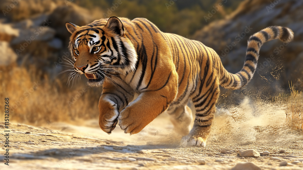 Obraz premium running tiger during mid-day in a mountain with a eye-level angle 
