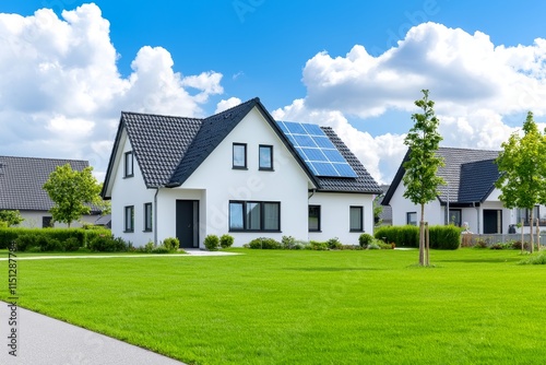 A solar panel-covered roof on a house, with storm clouds gathering above, exemplifies energy efficiency.