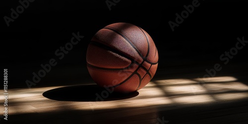 A basketball sitting on a wooden surface with a dark backdrop creates a striking visual, emphasizing the basketballs presence against the contrasting wooden floor and shadows.