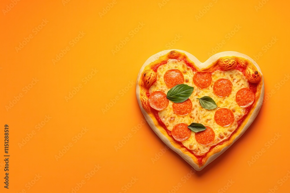 Heart-Shaped Pepperoni Pizza on Orange Background Heart-Shaped Pepperoni Pizza on Orange Background