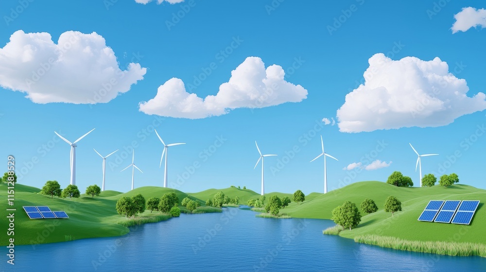 Obraz premium Wind turbines and solar panels generating power near a river.