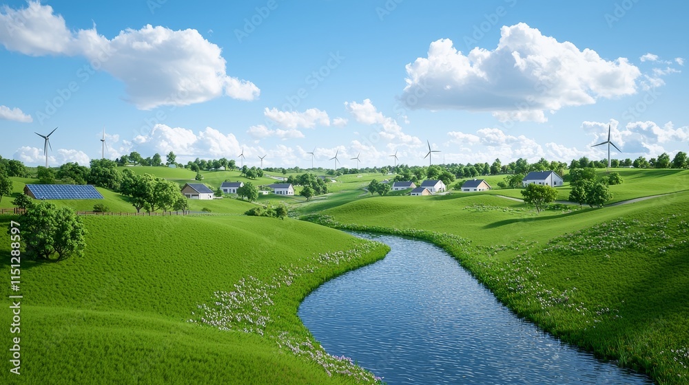 A riverbank site with wind turbines and solar arrays for power generation. A riverbank site with wind turbines and solar arrays for power generation.