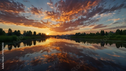 Majestic Sunset in Moscow district . Pond and reflections of clouds.people at far distance. Generative AI photo