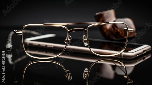 Stylish Men s Eyeglasses, a Smartphone, and a Tobacco Pipe Resting on a Reflective Surface photo