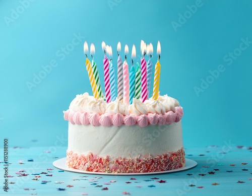 A Colorful, Joyful Birthday Cake with Candles, Ideal for a Birthday Party Celebration
 photo