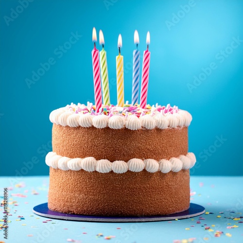 Festive Birthday Cake with Candles on Light Blue, Perfect for Any Party Event
 photo
