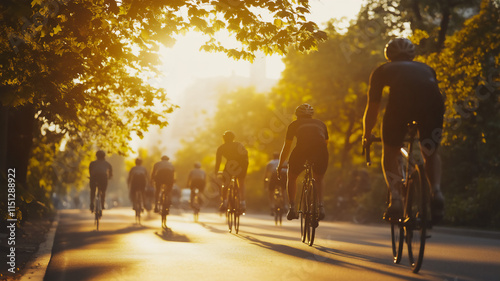  group cycling during summer on the road during mid-day with a profile angle 