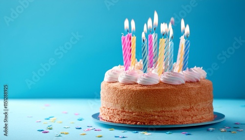 Happy Birthday Cake with Colorful Candles, Surrounded by a Light Blue Background
 photo