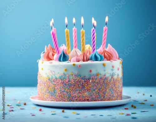 Fun and Colorful Birthday Cake with Candles on a Light Blue Party Backdrop
 photo