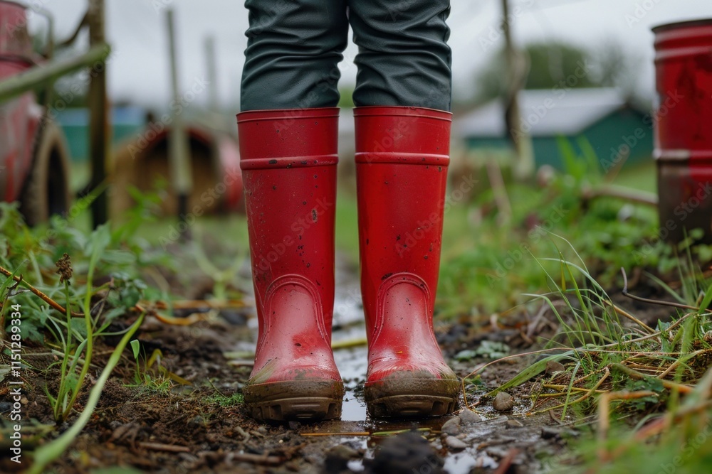 Farmer standing in a muddy puddle wearing red rubber boots on a farm Farmer standing in a muddy puddle wearing red rubber boots on a farm