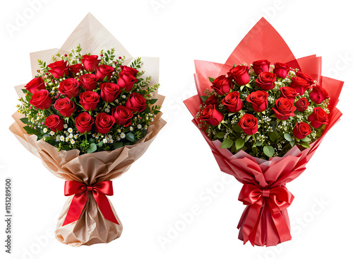 Beautiful bouquet of red roses wrapped in a paper with red ribbon isolated on a transparent background, Romantic gift or present for valentine, anniversary