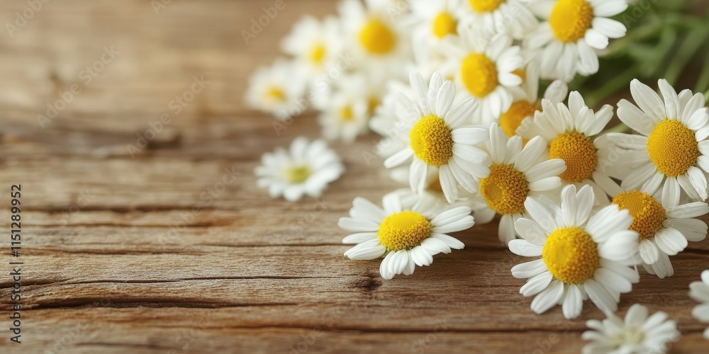 Obraz premium Chamomile blossoms on a wooden surface are ideal for aromatic therapy, natural skincare, and holistic healing, enhancing wellness with their soothing properties.